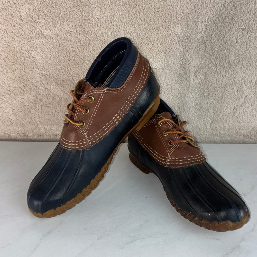 L.L. Bean Navy & Brown Leather Rubber Duck Boots Size 9 Vintage Made in USA
